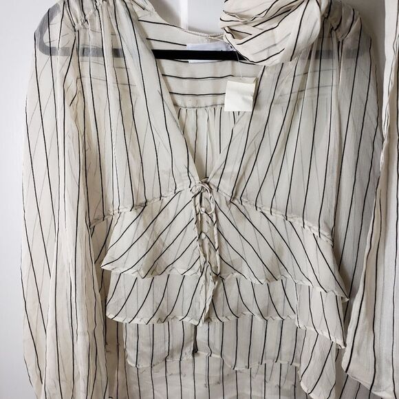 Line & Dot Sheer Layered Look Long Sleeve Blouse with Neck Tie - Picture 3 of 10